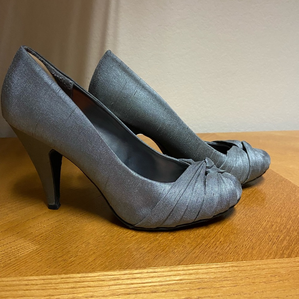 Dress shoes, worn once, silver/gray.